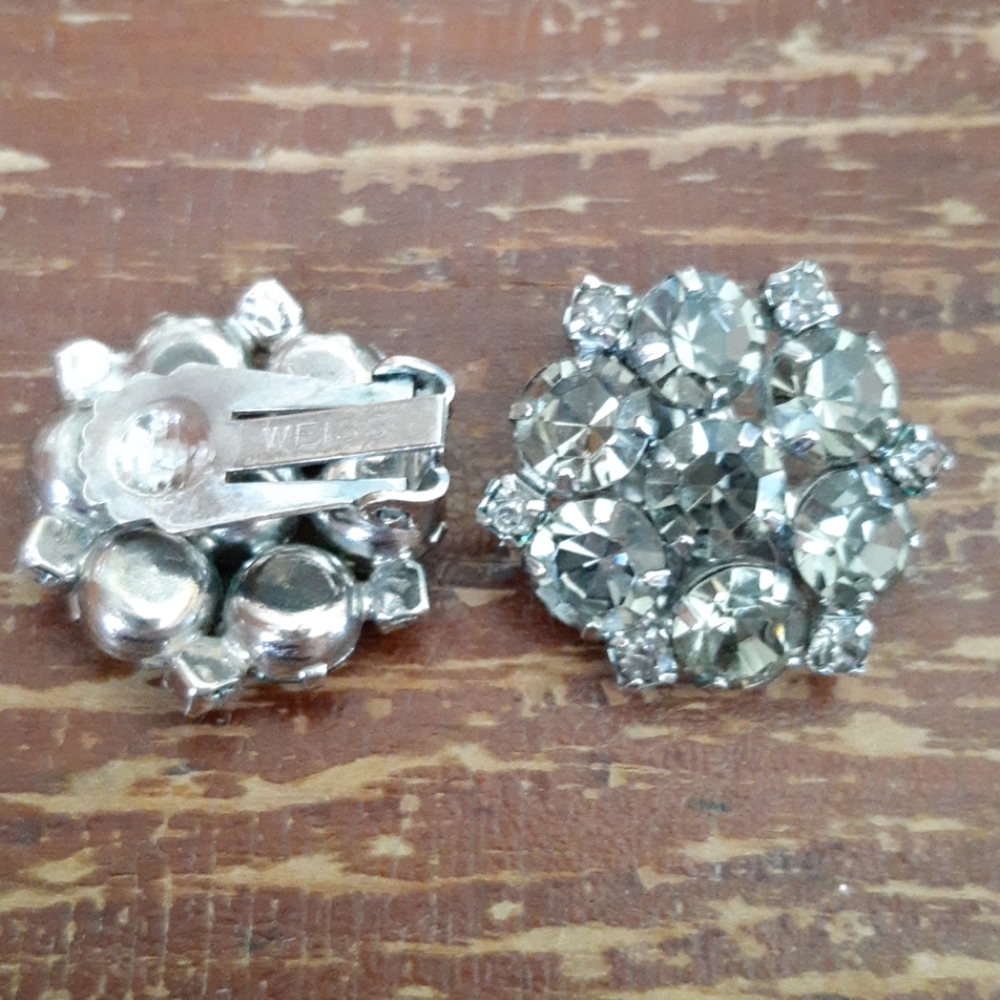 VINTAGE Weiss Black Diamond Clip on Earrings - Picture 2 of 7